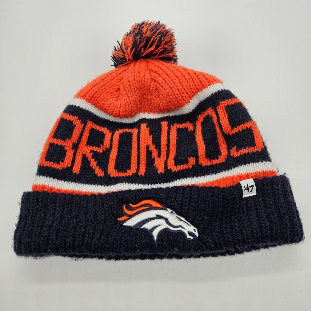 DENVER BRONCOS NFL Knit Beanie Orange Blue Winter Hat cuffed with Pom '47 Brand